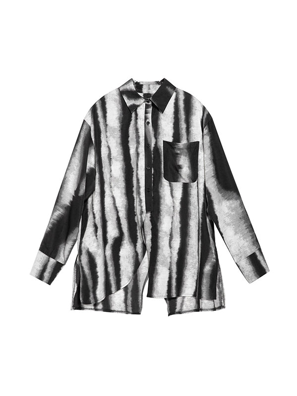 Split-back Tie-dyed Irregular clipping Long Sleeves Lapel Shirts Tops