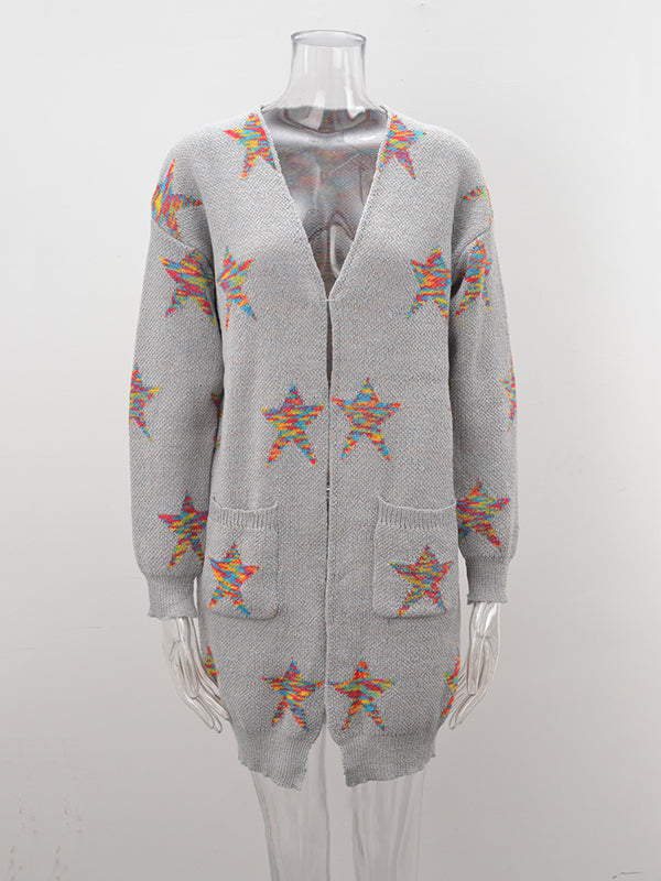 Knitted Pentagram Pockets Long Sleeves Loose V-Neck Cardigan Tops