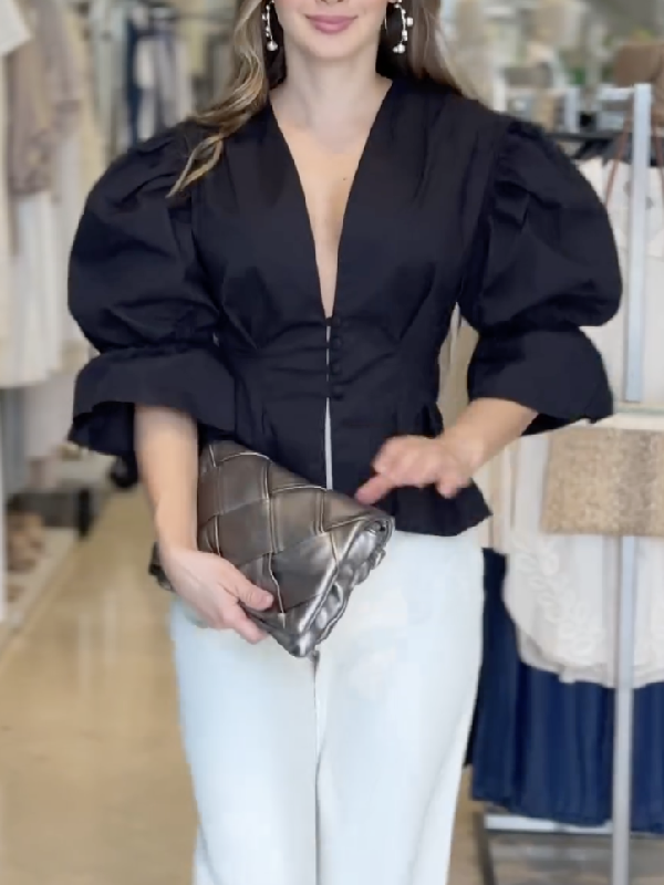Asymmetric Buttoned Solid Color High-Low Puff Sleeves Deep V-Neck Blouses&Shirts Tops