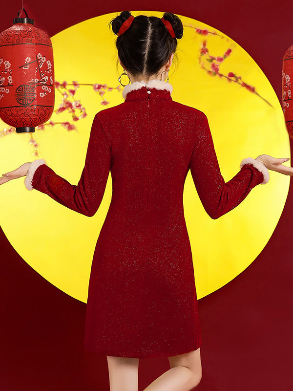 Original Creation A-Line Long Sleeves Beaded Split-Joint Stand Collar Short Cheongsams