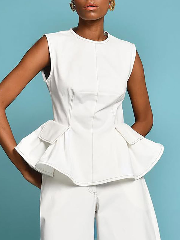 Pleated Solid Color Loose Sleeveless Round-Neck Vest Top