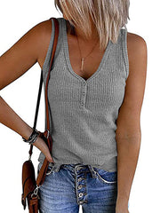 Pleated Solid Color Skinny Sleeveless V-Neck Vest Top
