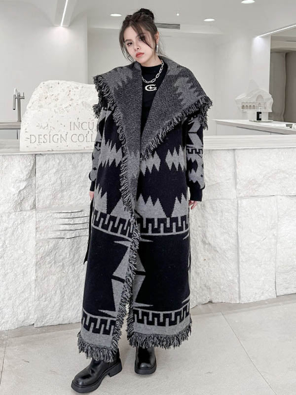 Contrast Color Geometric Split-Joint Tasseled Long Sleeves Loose Lapel Overcoat Outerwear
