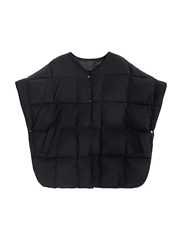 Buttoned Solid Color Batwing Sleeves Half Sleeves Round-Neck Padded Vest