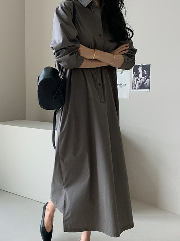 Casual 3 Colors Loose Split-Side Solid Color Midi Dress Shirt Dress