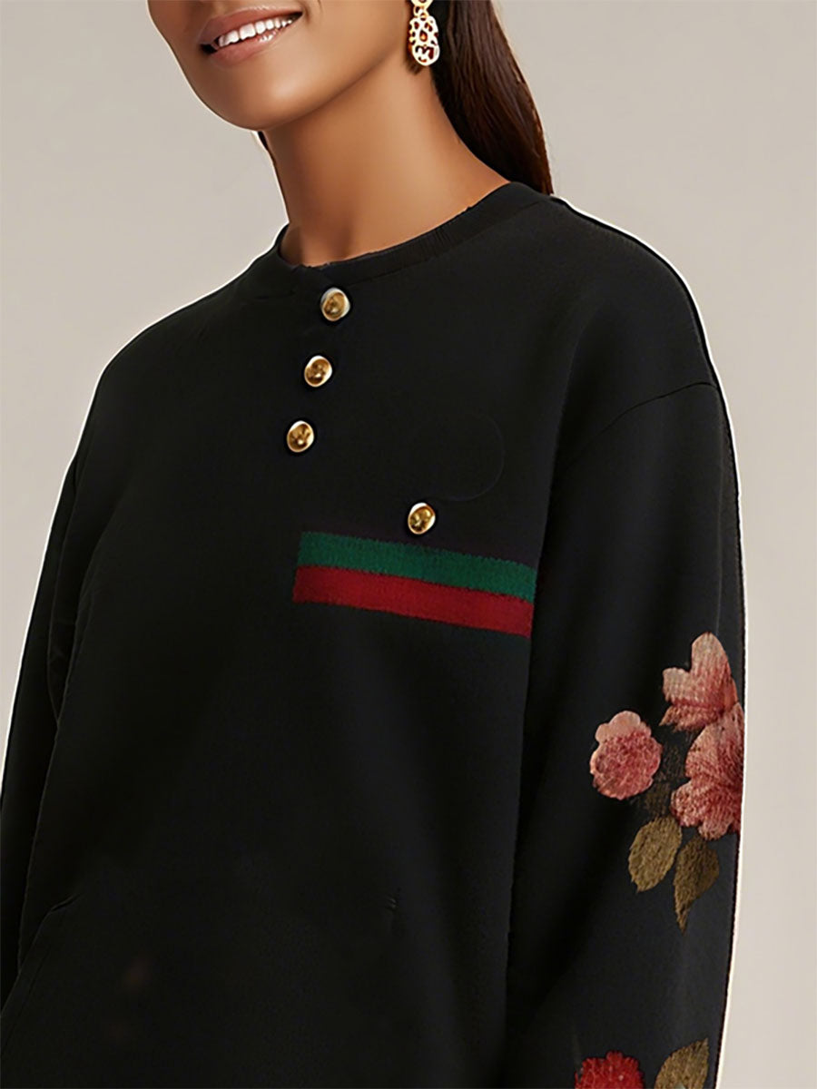 Buttoned Contrast Color Flower Print Split-Joint Long Sleeves Round-Neck Sweatshirt Tops