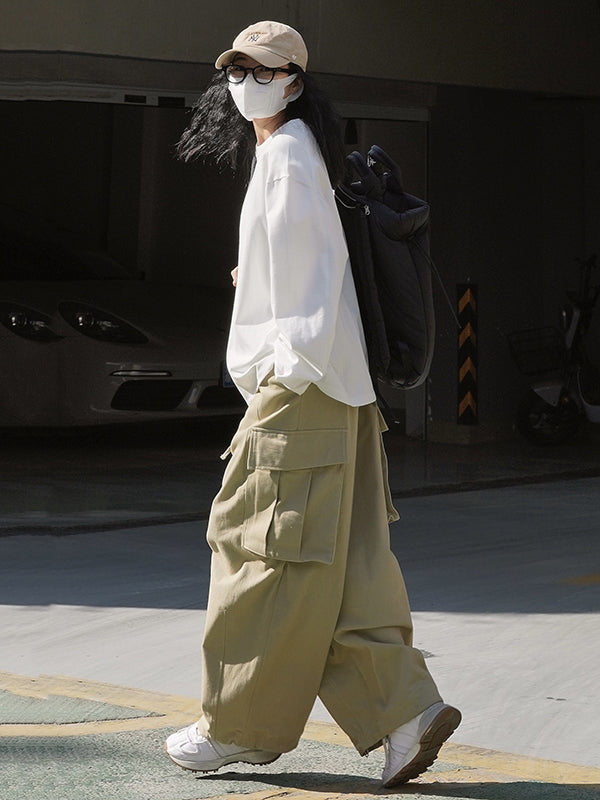 Casual Long Sleeves Loose Solid Color Round-Neck T-Shirts Tops