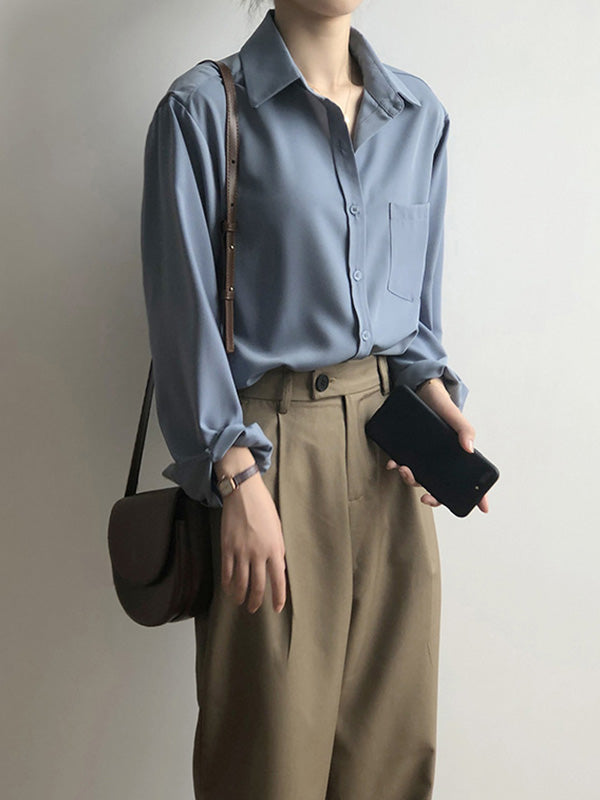 Urban Solid Color Lapel Long Sleeves Blouse