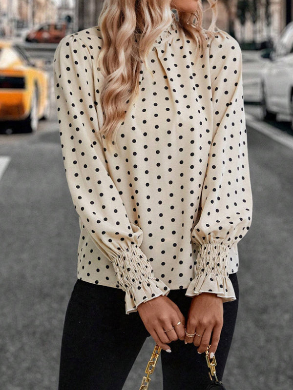 Elasticity Hollow Pleated Polka-Dot Long Sleeves Loose Mock Neck Blouses&Shirts Tops