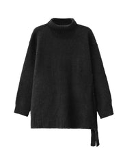 Buttoned Ribs Solid Color Split-Joint Irregularity Long Sleeves High Neck Sweater Tops