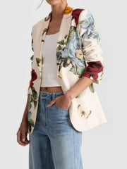 Buttoned Flower Print Pockets Long Sleeves Loose Notched Collar Outerwear Blazer