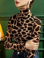 Leopard Long Sleeves Skinny High-neck T-Shirts Tops