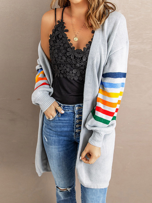 Colorful Contrast Color Striped Long Sleeves Loose Collarless Cardigan Tops