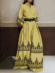 Buttoned Pleated Pockets Printed Long Sleeves Loose Stand Collar Jumpsuits