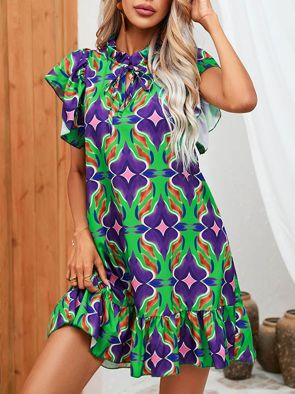 Hollow Pleated Printed Split-Joint Tied A-Line High Waisted Round-Neck Mini Dresses
