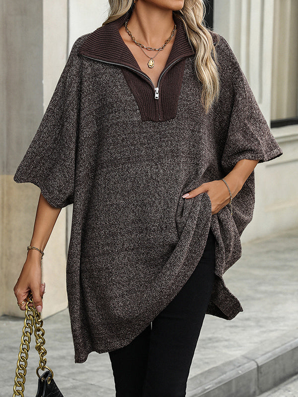 Split-Joint Zipper Loose Three-Quarter Sleeves V-Neck Sweater Tops