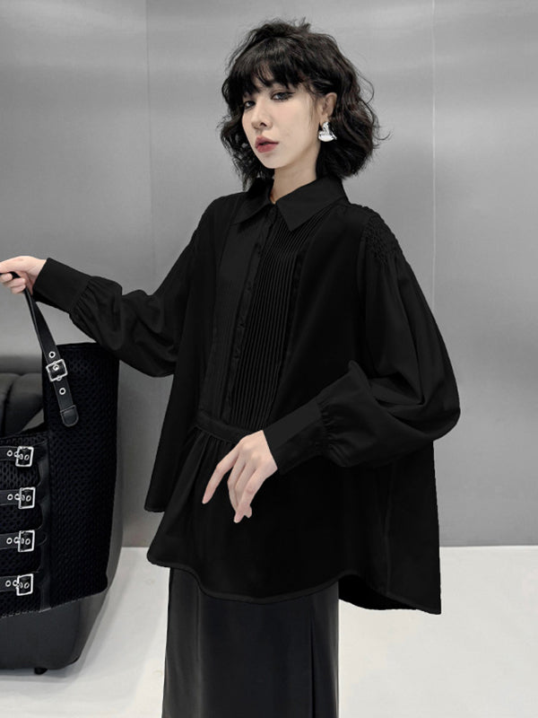 Buttoned Pleated Solid Color Long Sleeves Loose Polo Blouses&Shirts Tops