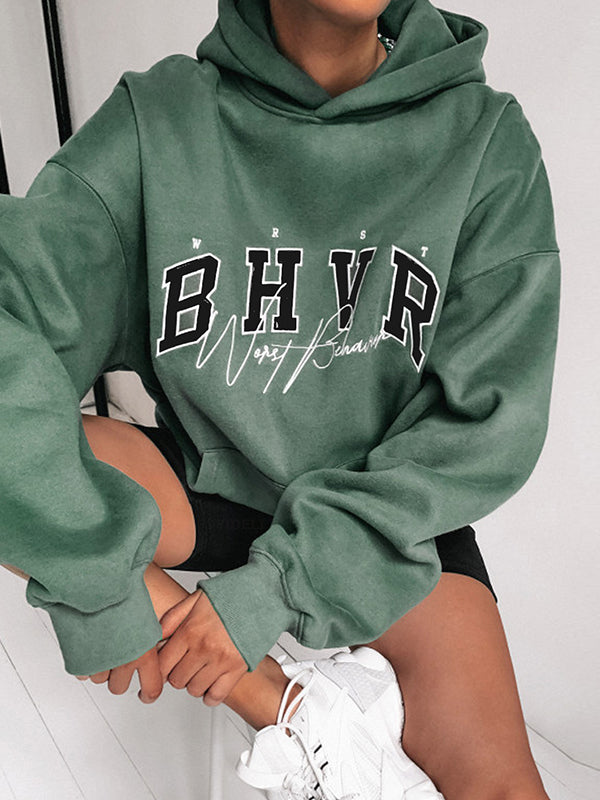 Keep Warm Letter Print Velvet Long Sleeves Loose Hooded Hoodies Tops