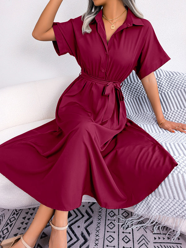 Solid Color Split-Joint Tied Waist Loose Short Sleeves Lapel Shirt Dress Midi Dresses