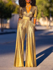 Shiny High Waisted Three-Quarter Sleeves Deep V-Neck Jumpsuits