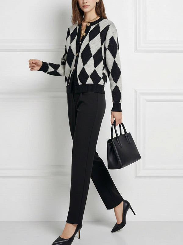 Buttoned Plaid Long Sleeves Round-Neck Cardigan Tops