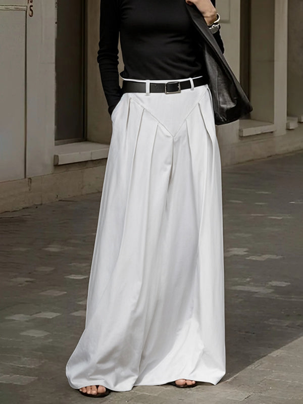Belted Pleated Pockets Solid Color Split-Joint Zipper Loose Skirts Bottoms
