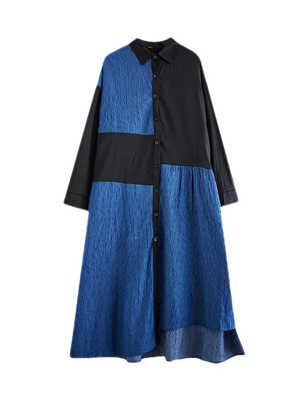 Asymmetric Buttoned Split-Joint High-low Long Sleeves Lapel Midi Dresses