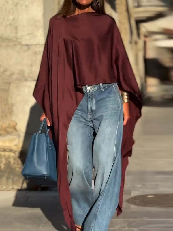 Solid Color Split-Joint Batwing Sleeves High-low Round-neck Blouses&shirts Tops