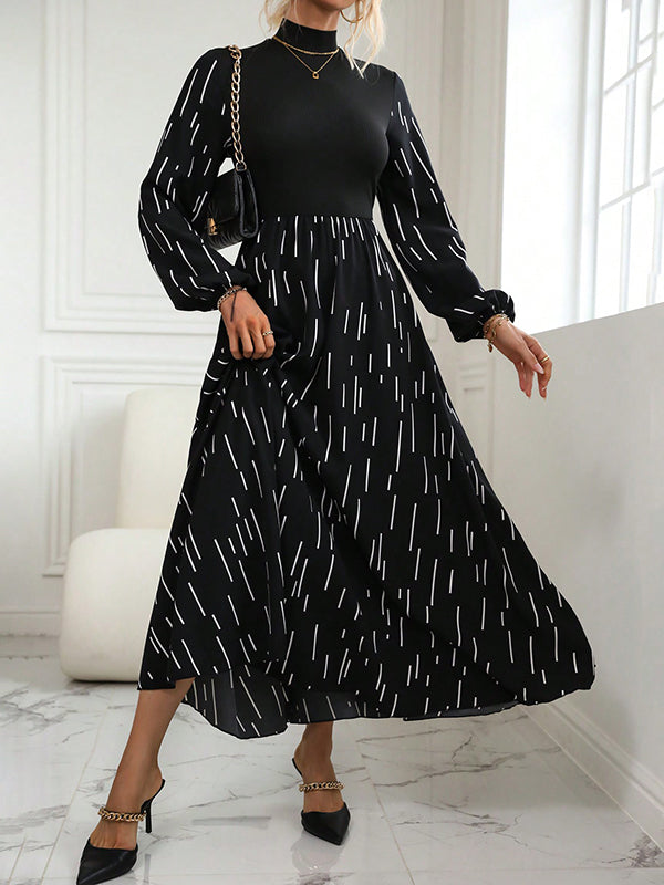 Printed Split-Joint Long Sleeves Puff Sleeves High Neck Maxi Dresses