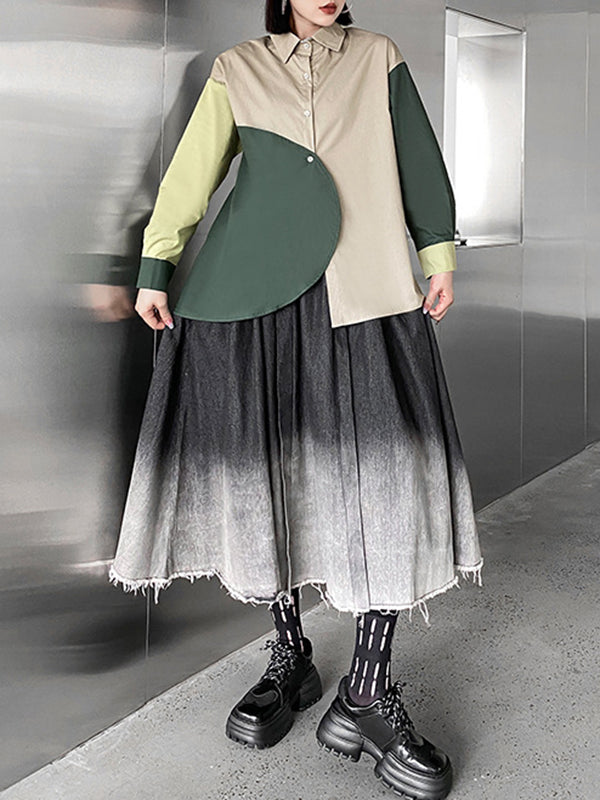 Asymmetric Buttoned Contrast Color Long Sleeves Loose Lapel Blouses&Shirts Tops