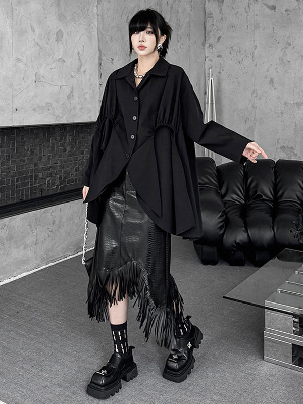 Buttoned Pleated Solid Color Split-Joint High-Low Irregularity Shirt Collar Blouses&Shirts Tops