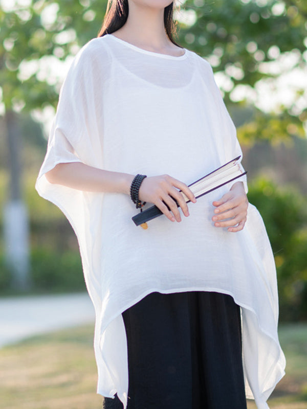 See-Through Solid Color Half Sleeves High-Low Round-Neck Blouses