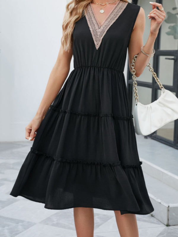Elasticity Pleated Split-Joint A-Line High Waisted V-Neck Midi Dresses