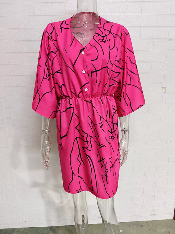 Buttoned Elasticity Pleated Printed Batwing Sleeves Half Sleeves V-Neck Mini Dresses