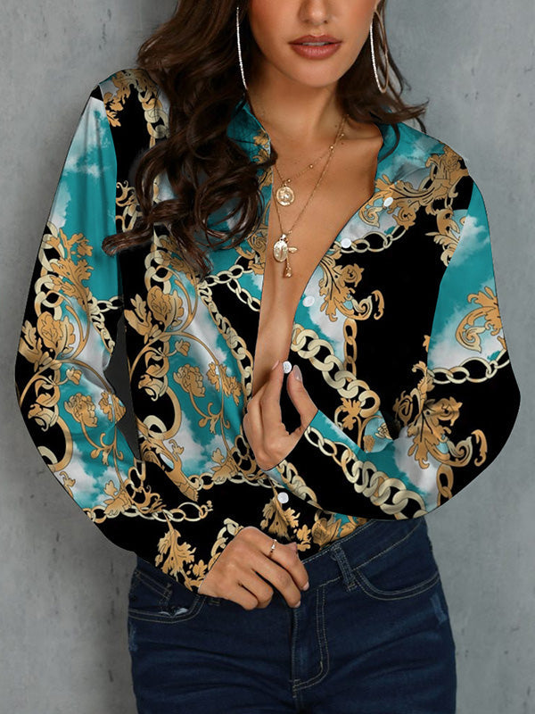 Buttoned Printed Long Sleeves Loose Lapel Blouses&Shirts Tops