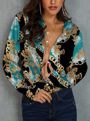 Buttoned Printed Long Sleeves Loose Lapel Blouses&Shirts Tops