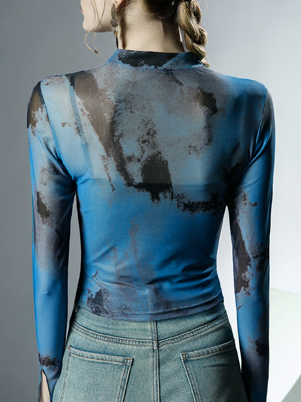 Asymmetric Hollow Mesh See-Through Wash Painting Long Sleeves Plus Size Mock Neck T-Shirts Tops