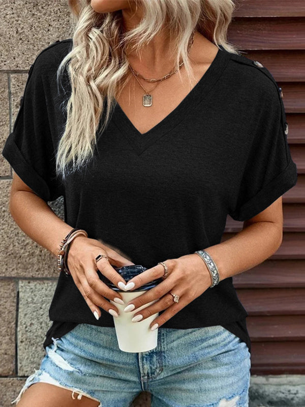 Buttoned Solid Color Loose Short Sleeves V-neck T-Shirts Tops