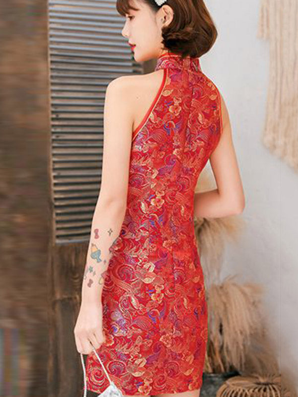 Original Floral Printed Stand Collar Sleeveless Short Cheongsams