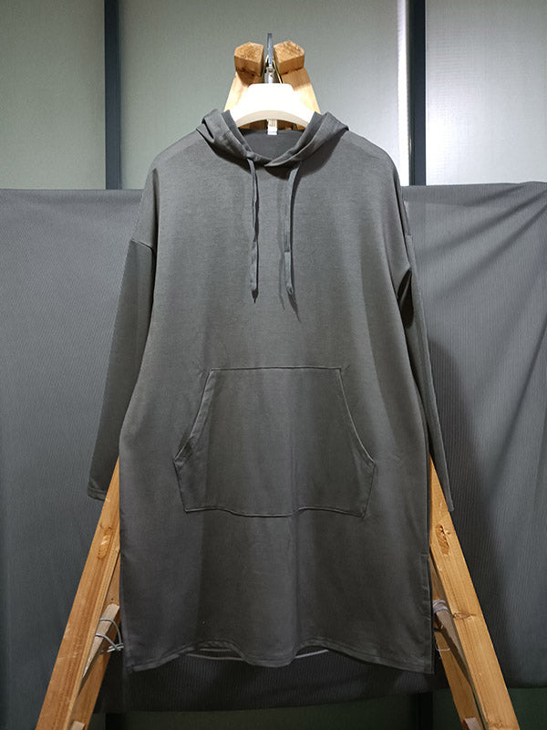 Urban Loose Drawstring Split-Side Solid Color Hoodies Top