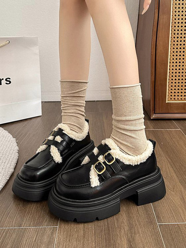 Belt Buckle Round-Toe Split-Joint Velvet Platform Shoes Loafers