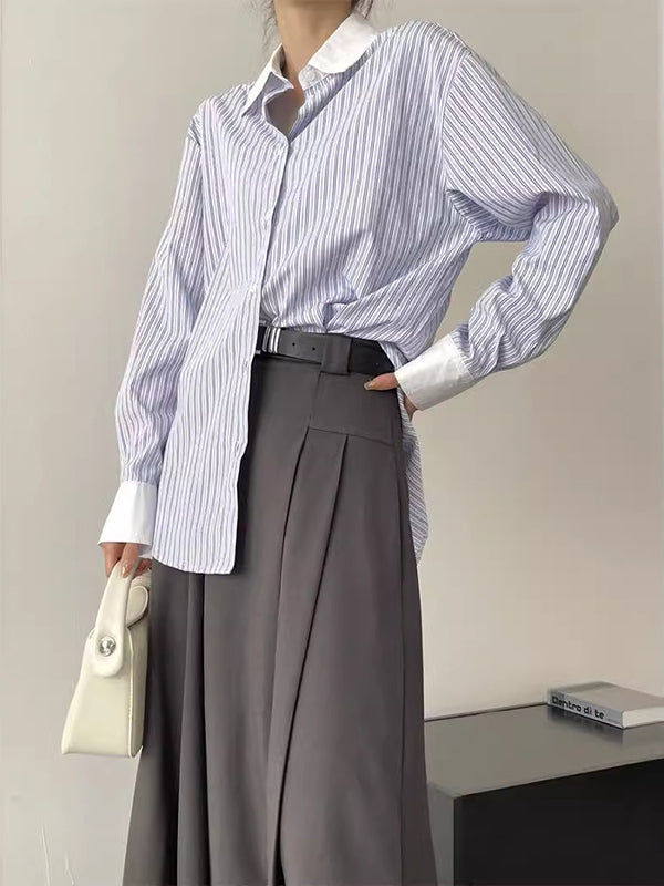 Pleated Split-Joint Striped Irregular Clipping Lapel Blouses