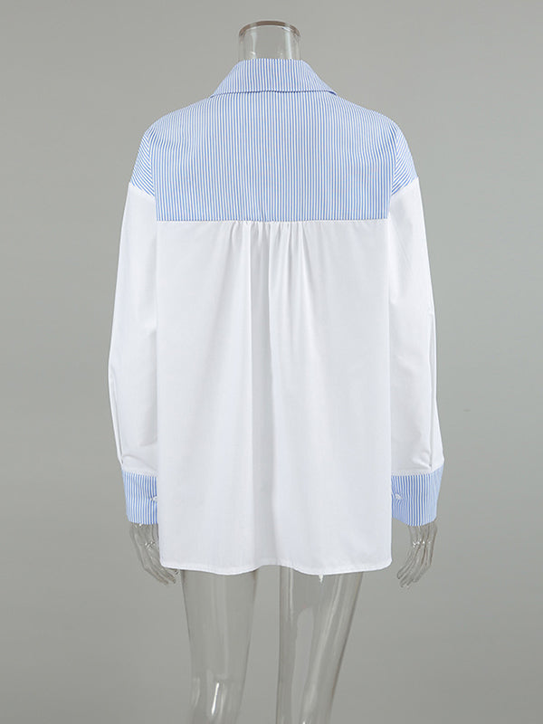 Buttoned Split-Joint Striped Long Sleeves Loose Lapel Blouses&Shirts Tops