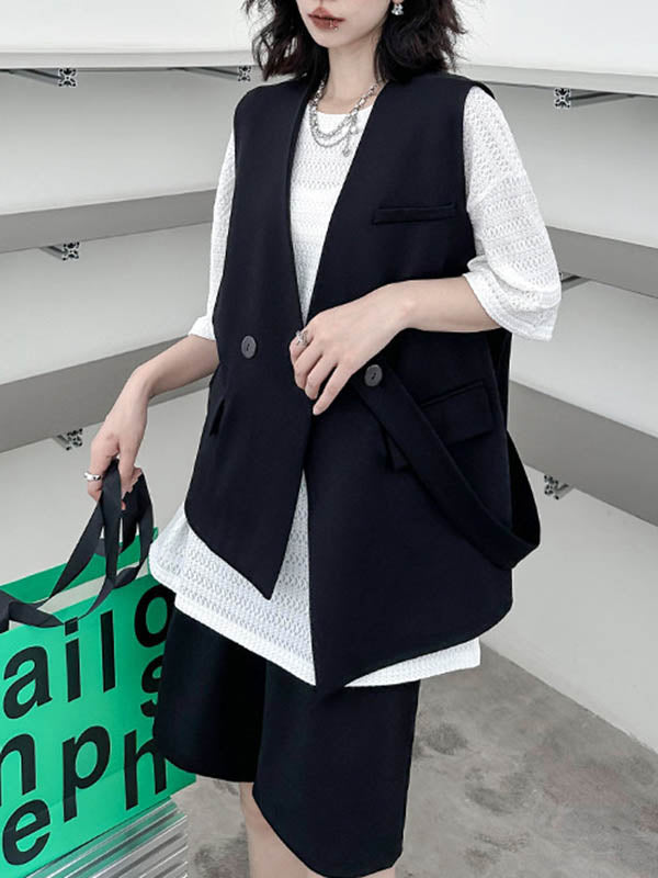 Asymmetric Split-Joint Tied Waist Loose Sleeveless V-neck Vest Outerwear
