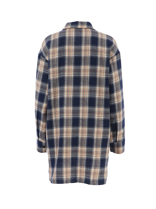Plaid Split-Joint Long Sleeves Loose Lapel Blouses