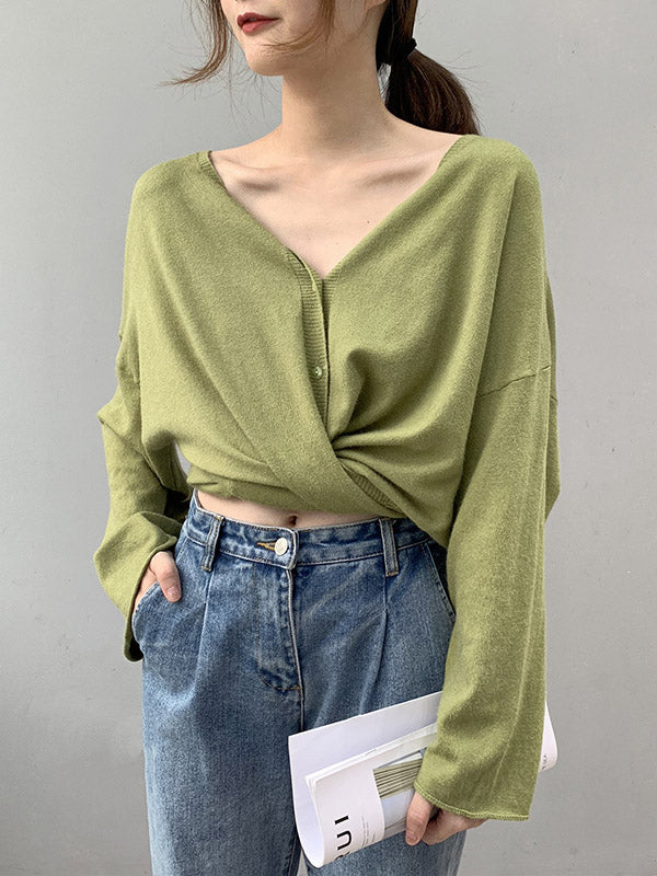 Buttoned Solid Color Long Sleeves Loose V-Neck Cardigan Tops