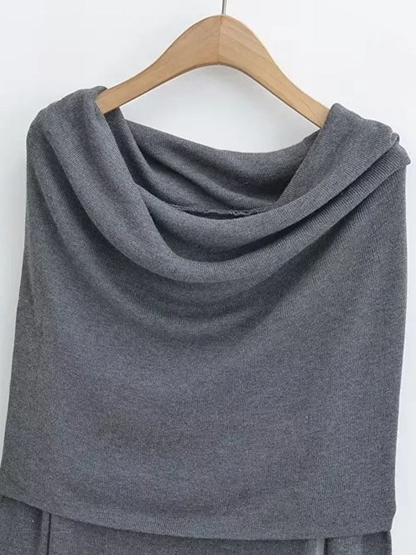 Pleated Solid Color Split-Joint Long Sleeves Skinny Off-the-shoulder Pullovers Knitwear