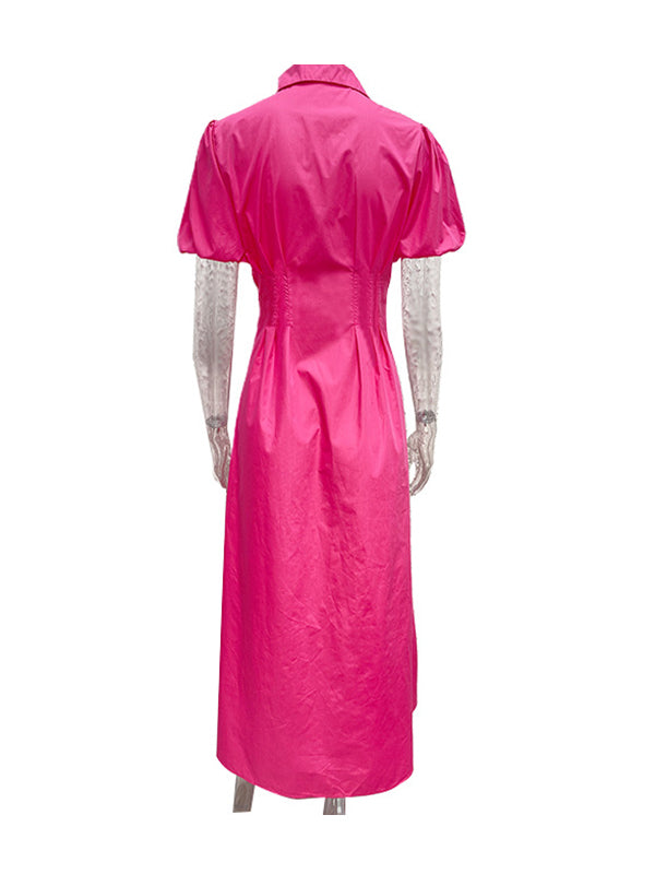 Pleated Split-Joint Loose Puff Sleeves Lapel Shirt Dress Maxi Dresses
