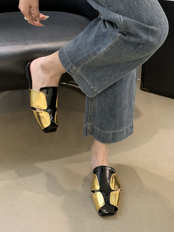 Contrast Color Hollow Split-Joint Square-Toe Slippers&Mules Sandals