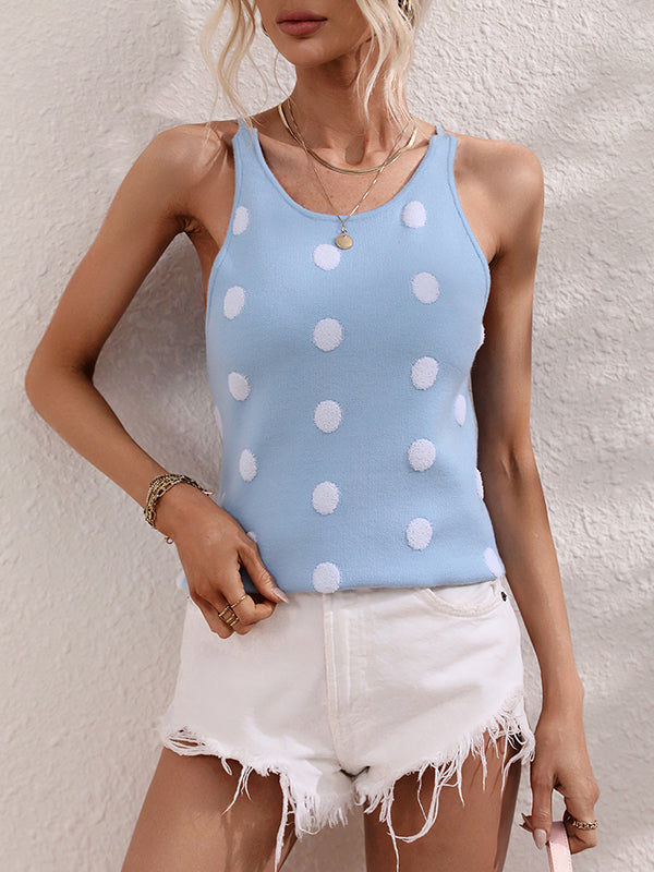 Hollow Polka-Dot High-Low Sleeveless Round-Neck Vest Top